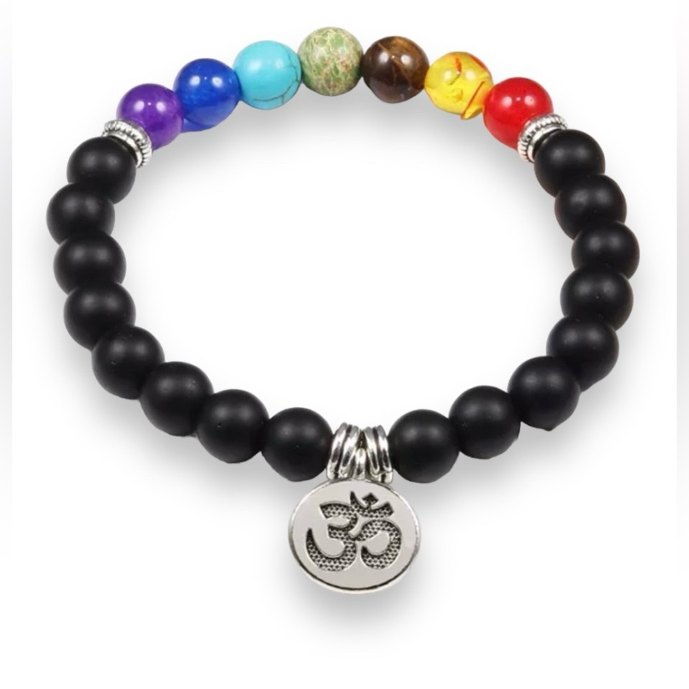 Black agate Beaded Bracelet with Om Charm and Chakra Accents
